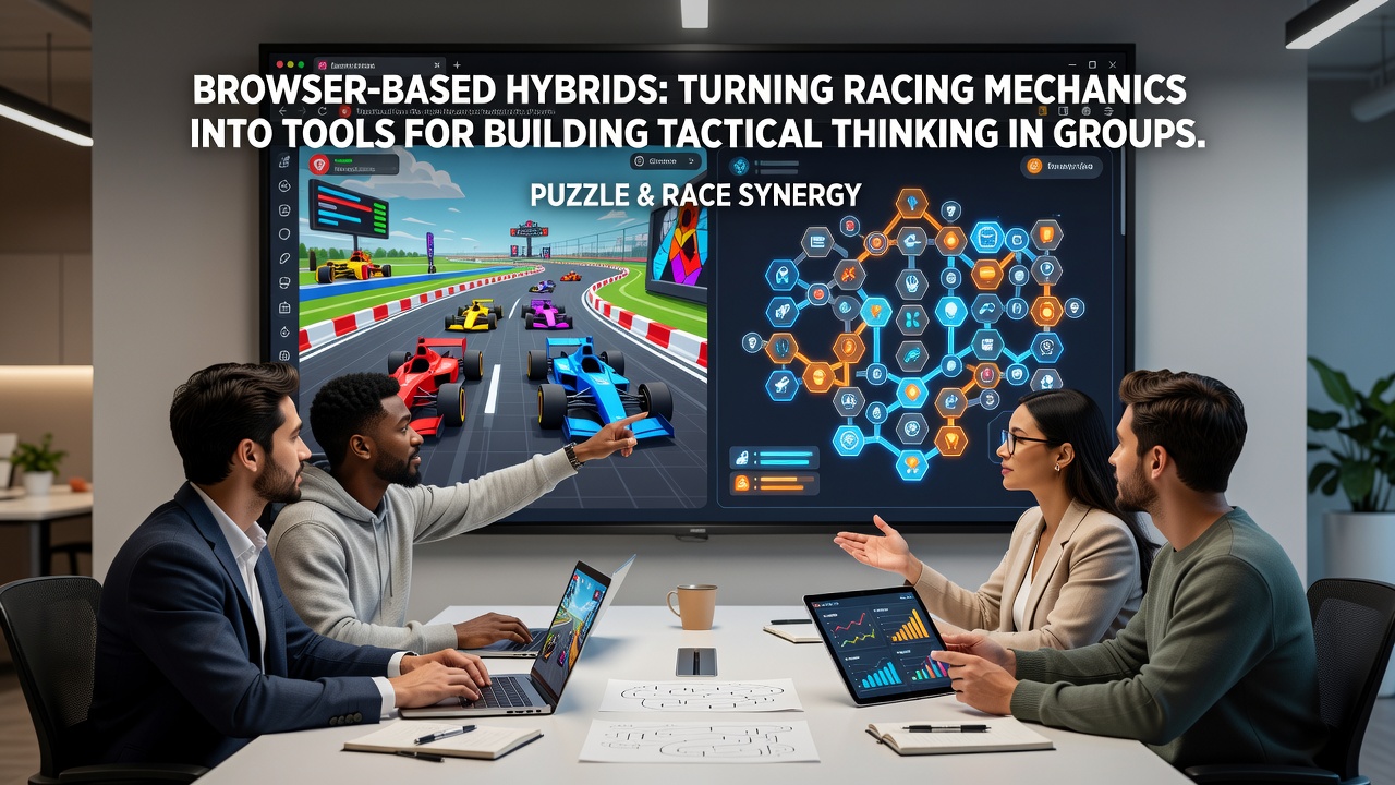 Gruppe von Spielern bei einem Browser-Hybrid mit Fokus auf Rennen und taktische Puzzle-Lösungen