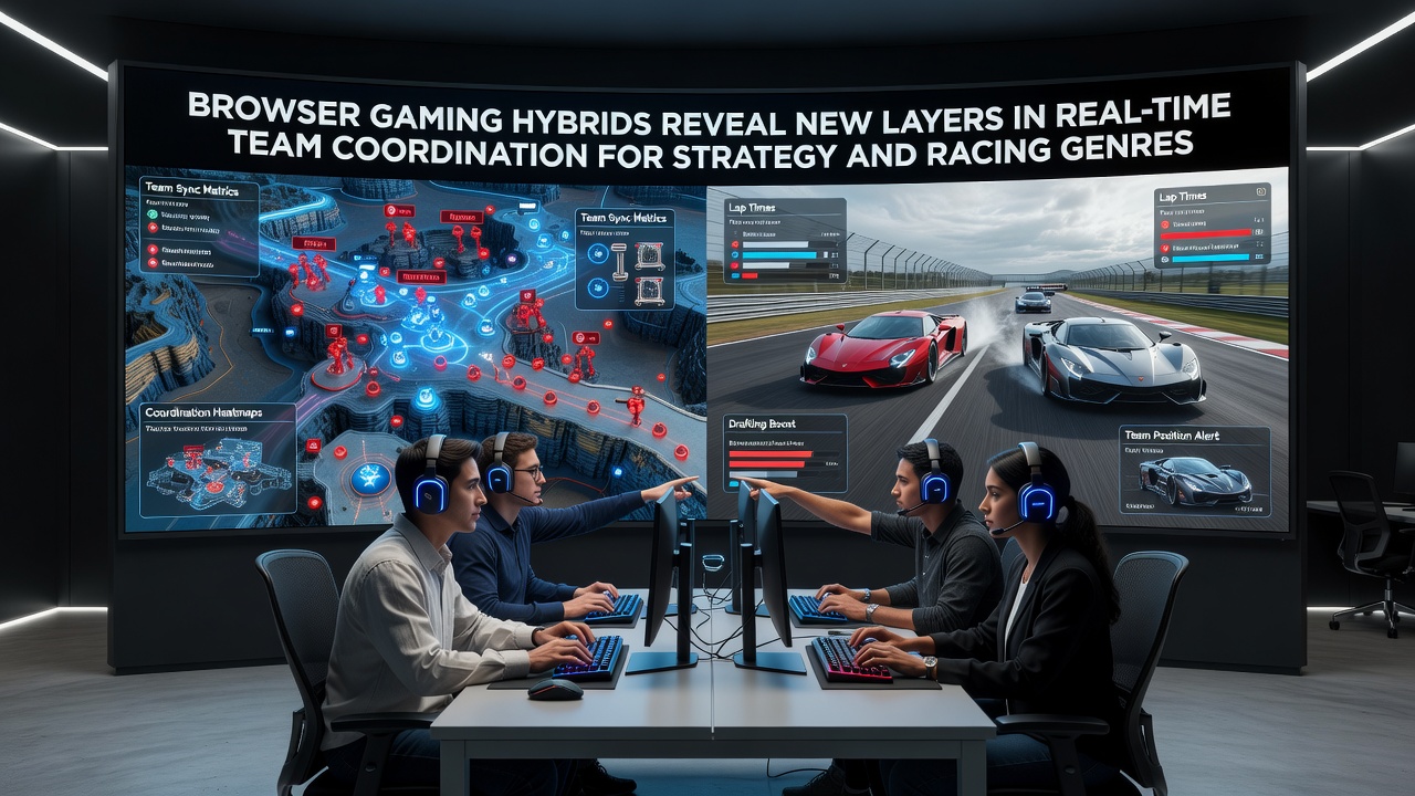 Team coordination in browser-based strategy racing hybrids showing multiplayer interfaces