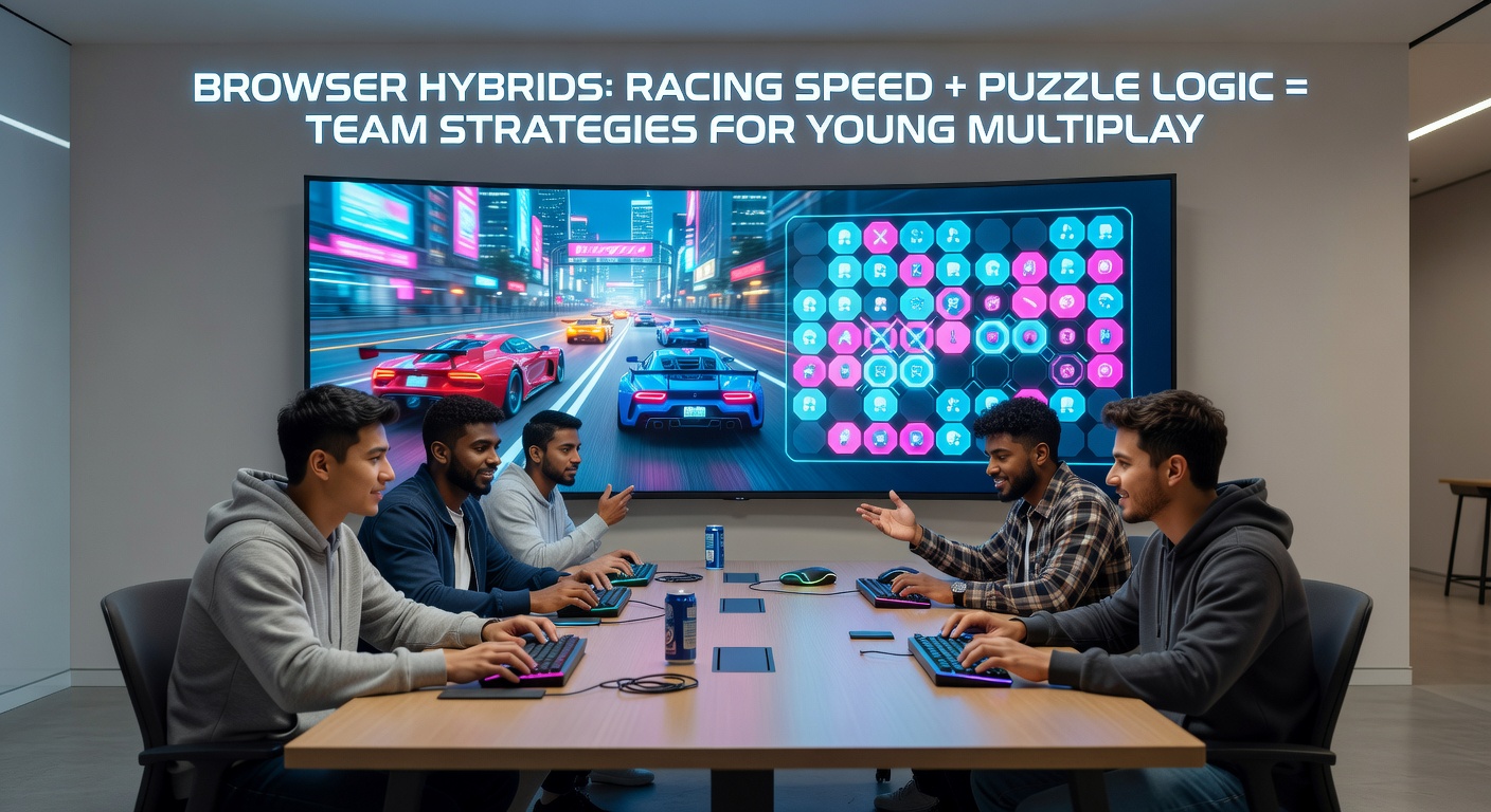 Szene aus einem Browser-Spiel mit jungen Spielern, die in einem Team Rennen und Puzzles kombinieren