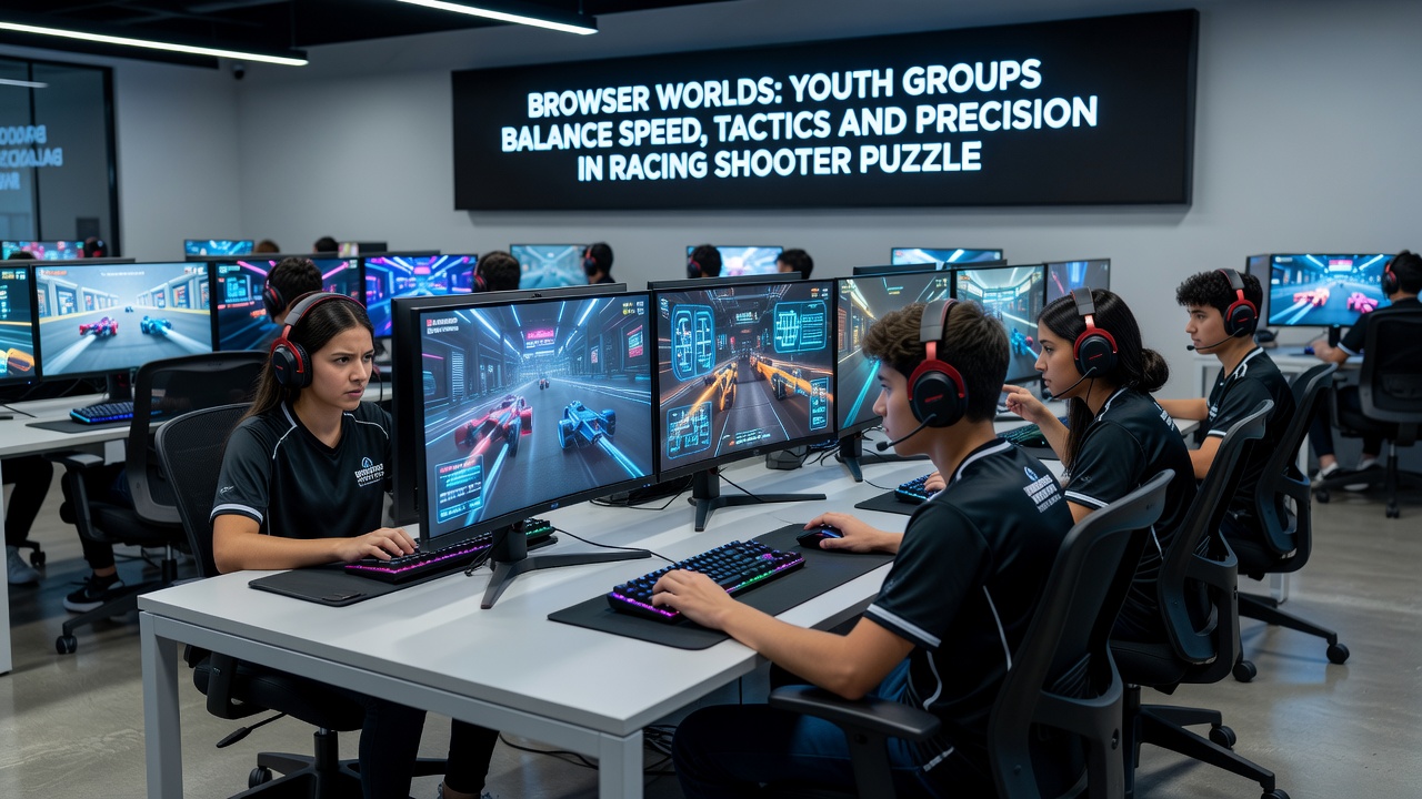 Detailansicht einer Browser-Session mit Jugendlichen, die Geschwindigkeit, Taktik und Präzision in Puzzle-Shooter-Renn-Hybriden kombinieren