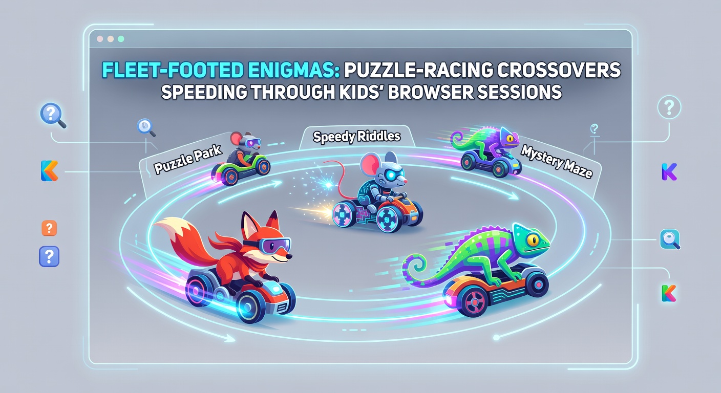 Screenshot eines Puzzle-Rennen-Browserspiels mit einem Kind-Charakter, der Rätsel löst, während es durch eine fantasievolle Rennstrecke fliegt