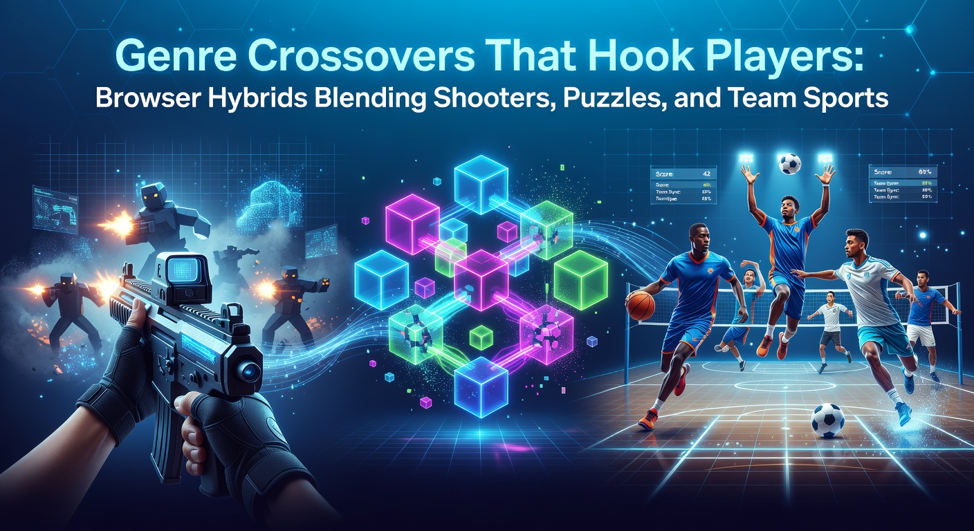 Screenshot eines Browser-Hybridspiels, in dem Spieler Schüsse abfeuern, während sie Puzzles lösen und Teamsport-Manöver ausführen