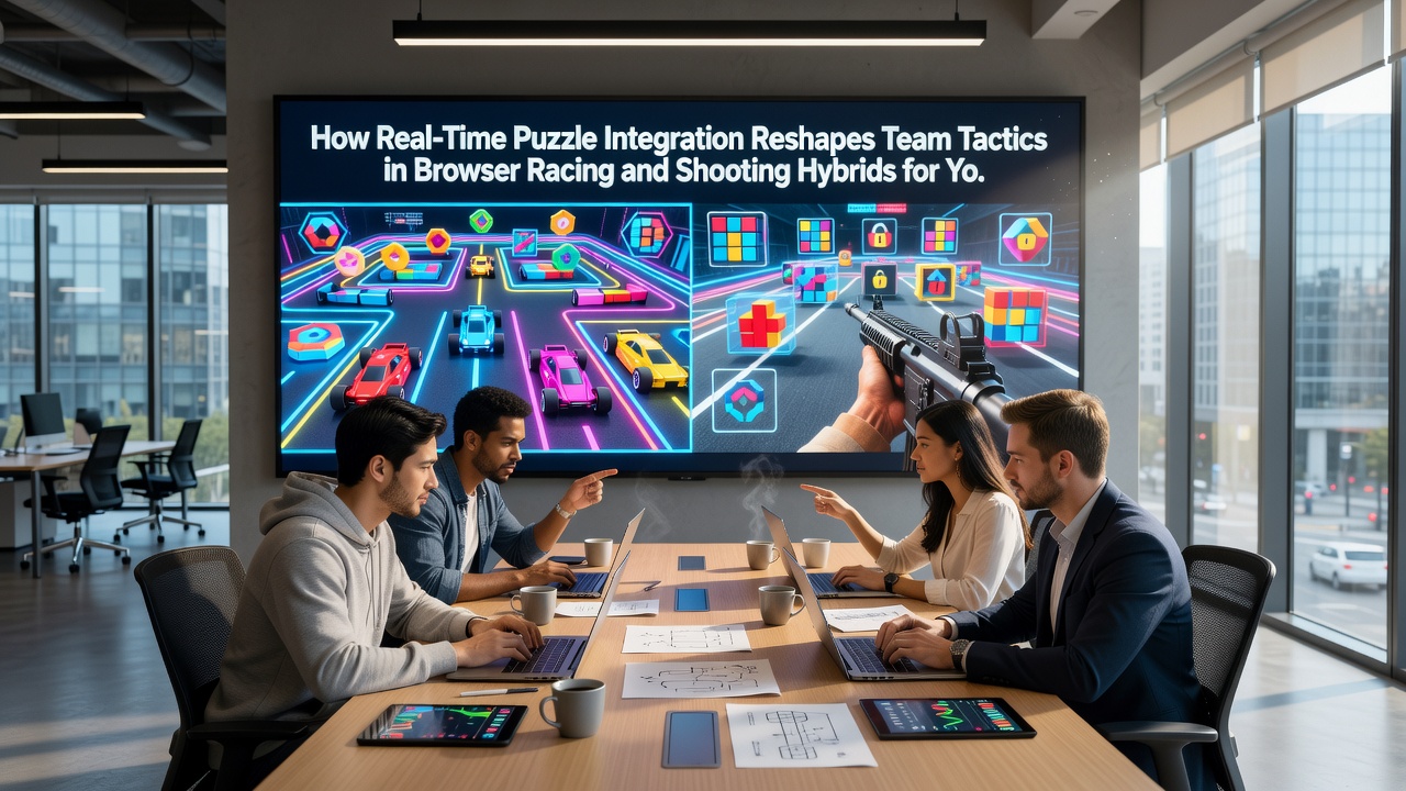 Gruppe junger Spieler bei der Bewältigung eines hybriden Browser-Puzzles während eines gemeinsamen Renn- und Schieß-Events