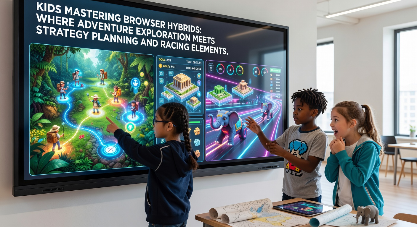 Multiplayer-Szene in einem Browser-Hybrid mit Kindern bei der Strategieplanung und Renn-Action