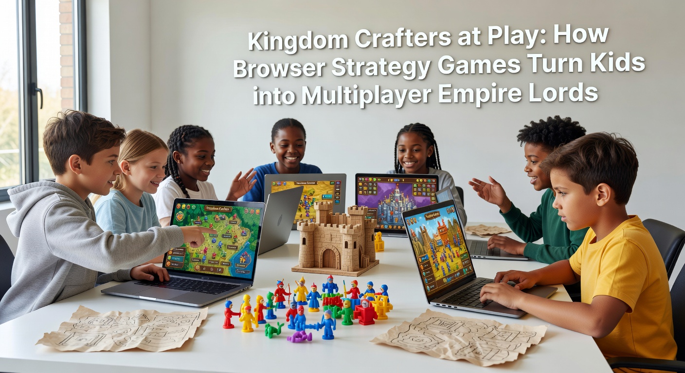 Eine Gruppe von Kindern diskutiert Strategien in einem Multiplayer-Browser-Strategiespiel, mit Karten und Armeen im Vordergrund