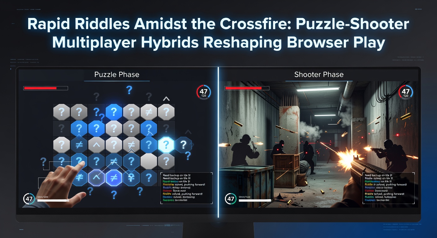 Multiplayer-Team in Aktion: Spieler lösen ein komplexes Rätsel während eines intensiven Shooter-Duells in einem browserbasierten Hybrid-Spiel, mit HUD-Elementen und Chat-Overlay
