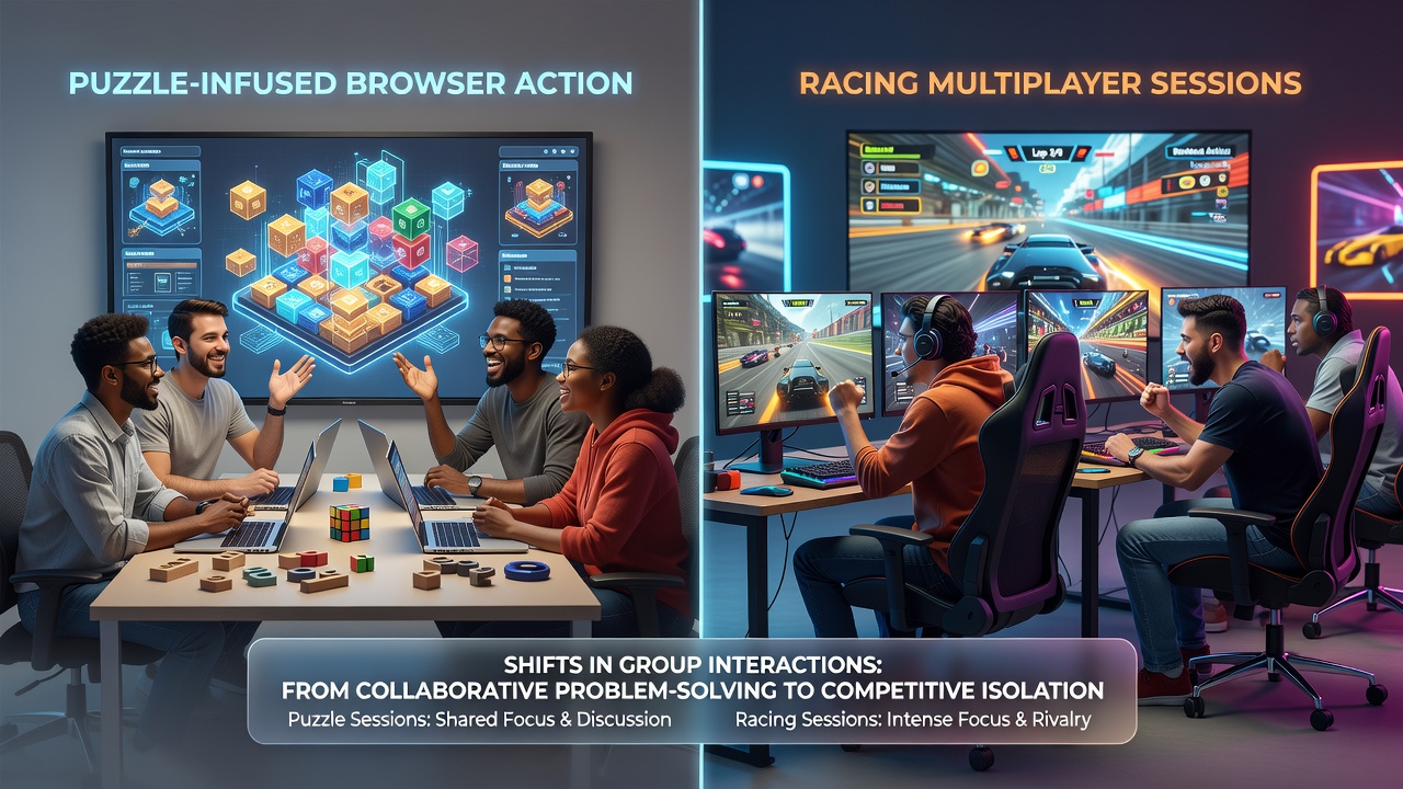 Spieler lösen gemeinsam ein Puzzle während einer actionreichen Rennsequenz im Browser-Multiplayer